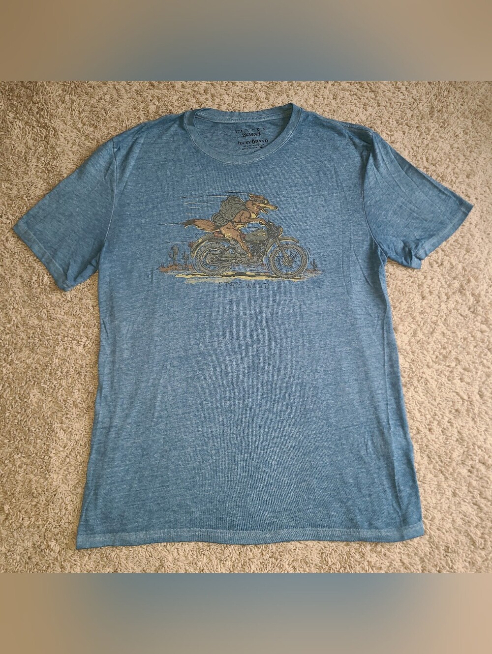 Lucky Brand T-Shirt Men's Size L Venice Burnout Stay Wild Coyote Motorcycle Tee